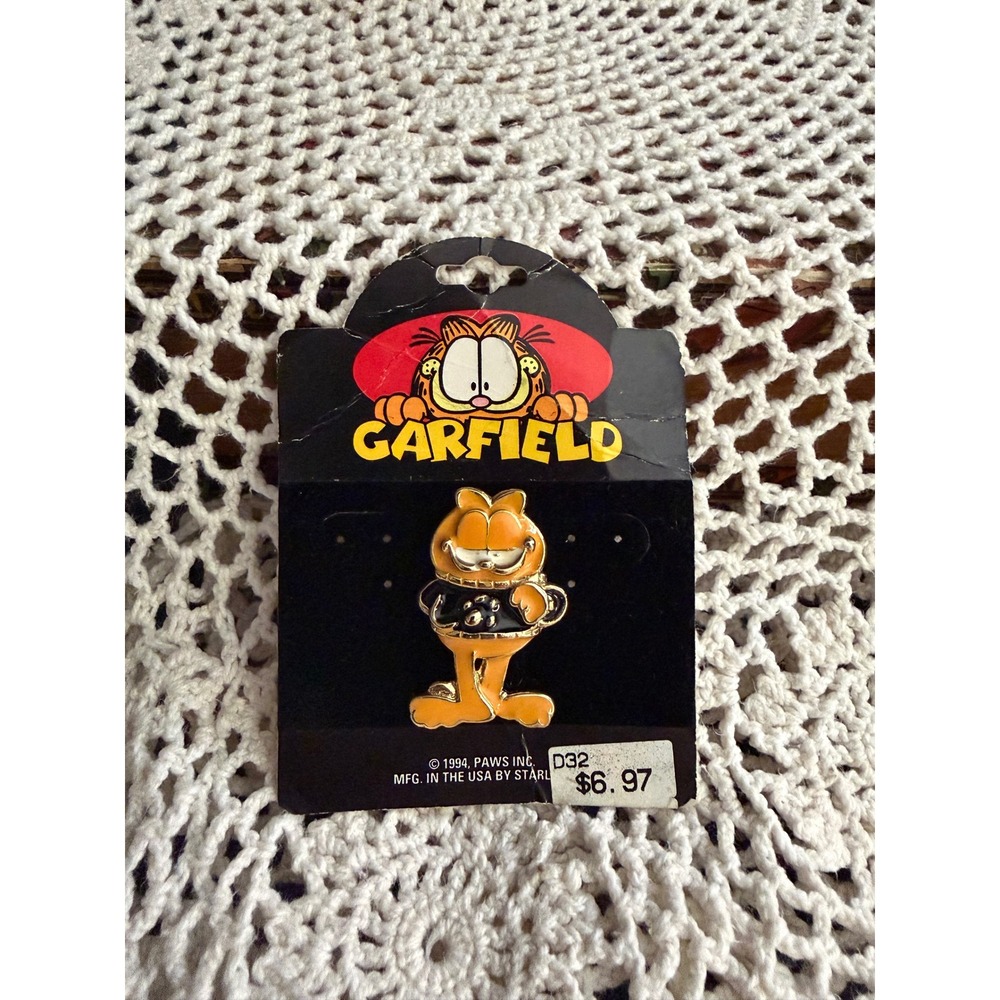 Vintage 1994 Garfield Enamel Pin Starline Paws Inc Orange Cat Black Sweater Mug
